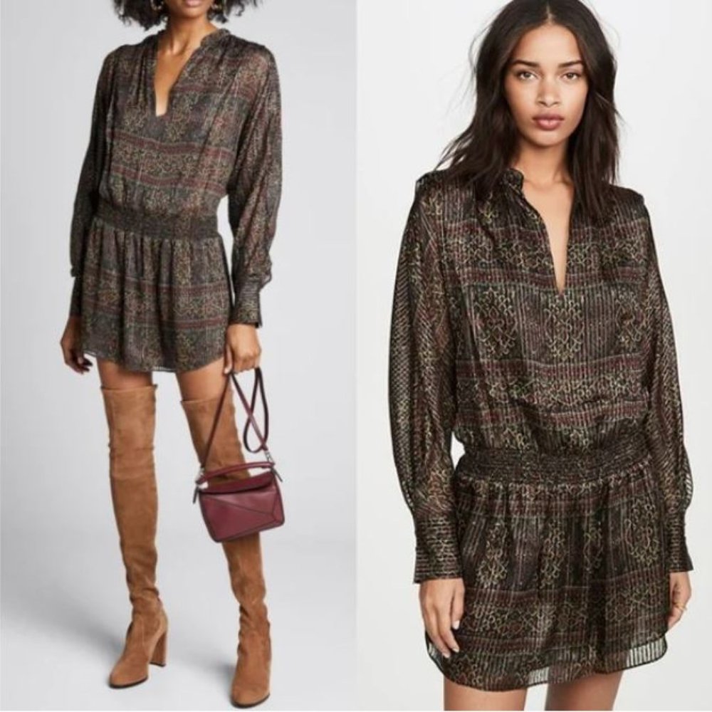 FRAME Paisley Party Deep Moss Multicolor Silk Chiffon Long Sleeve Mini Dress M
